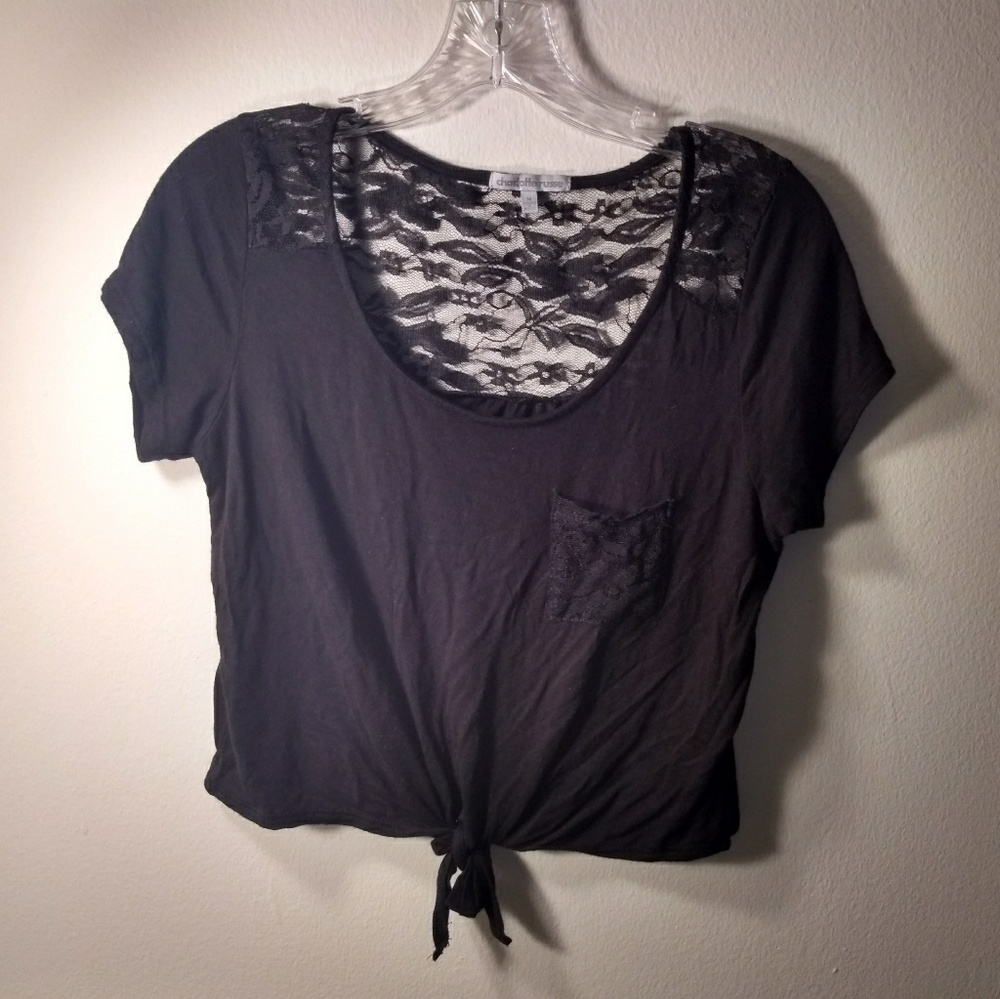 Charlotte Russe Black Scoop Neck Tie-Front Shirt